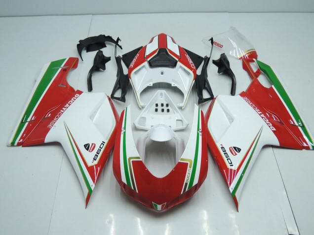Carénage Moto Ducati 848 1098 1198 07-14 - Blanc et Rouge avec Vert Bande Carénage Moto Ducati 848 1098 1198 07-14 - Blanc et Rouge avec Vert Bande