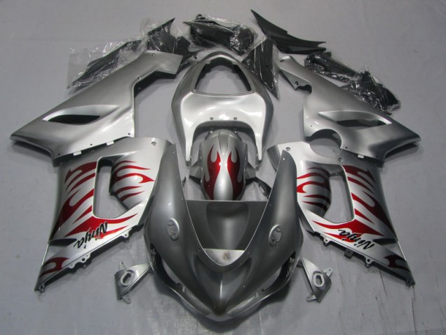 Carénage Moto ZX6R 05-06 - Argent Rouge Flamme Ninja Carénage Moto ZX6R 05-06 - Argent Rouge Flamme Ninja